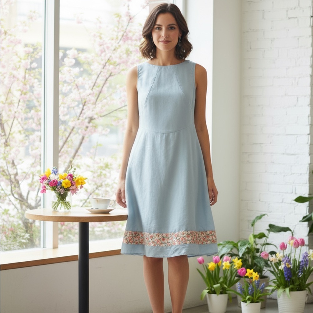 Zara Sky Blue Midi Dress with Floral Detail